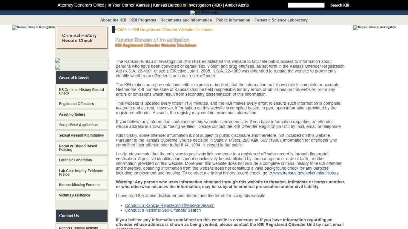 KBI - Kansas Bureau of Investigation - KBI Registered Offender Website Disclaimer